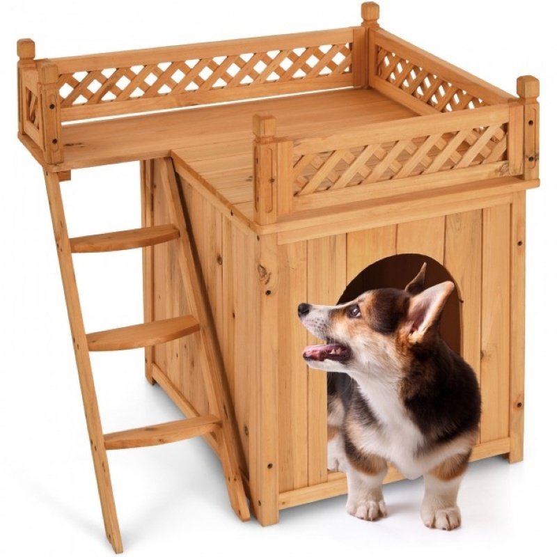 New Style Wood Pet House With Roof Balcony and Bed Shelter New Style Wood Pet House With Roof Balcony and Bed Shelter