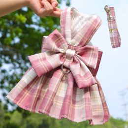 Pet Plaid Skirt Chest Strap Hand Holding Rope (Option: 273 Deep Pink-M)